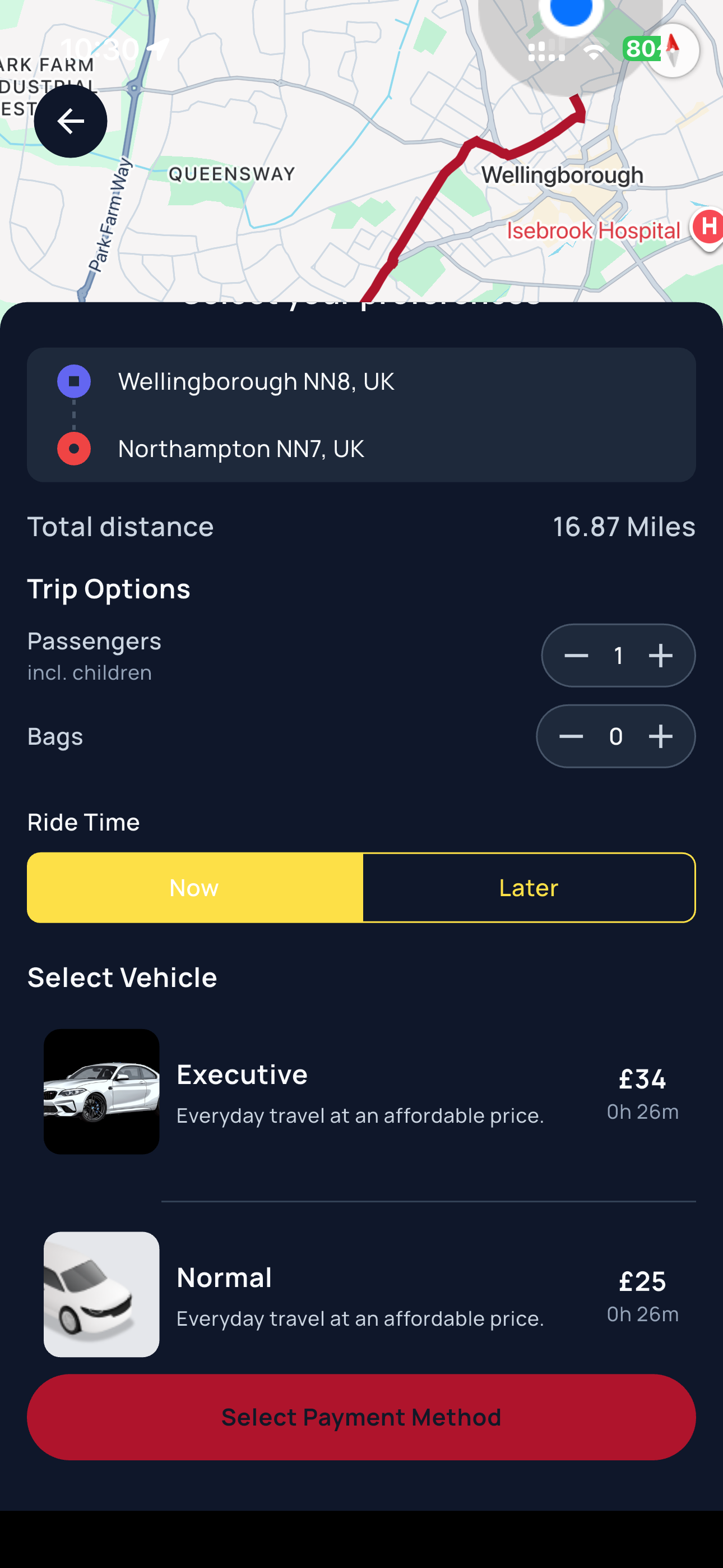 UniqCars vehicle selection and pricing screen